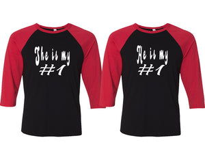 She's My Number 1 and He's My Number 1 matching couple baseball shirts.Couple shirts, Red Black 3/4 sleeve baseball t shirts. Couple matching shirts.