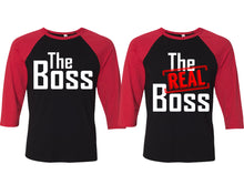 Load image into Gallery viewer, The Boss and The Real Boss matching couple baseball shirts.Couple shirts, Red Black 3/4 sleeve baseball t shirts. Couple matching shirts.
