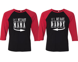She's My Baby Mama and He's My Baby Daddy matching couple baseball shirts.Couple shirts, Red Black 3/4 sleeve baseball t shirts. Couple matching shirts.