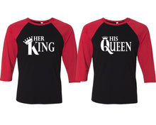 Load image into Gallery viewer, Her King and His Queen matching couple baseball shirts.Couple shirts, Red Black 3/4 sleeve baseball t shirts. Couple matching shirts.
