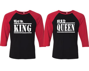 Her King and His Queen matching couple baseball shirts.Couple shirts, Red Black 3/4 sleeve baseball t shirts. Couple matching shirts.