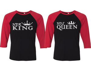Her King and His Queen matching couple baseball shirts.Couple shirts, Red Black 3/4 sleeve baseball t shirts. Couple matching shirts.