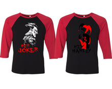 Load image into Gallery viewer, Her Joker and His Harley matching couple baseball shirts.Couple shirts, Red Black 3/4 sleeve baseball t shirts. Couple matching shirts.
