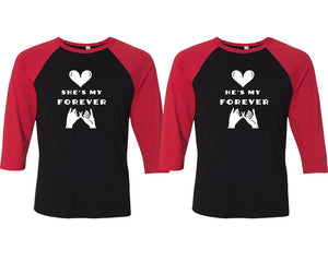 She's My Forever and He's My Forever matching couple baseball shirts.Couple shirts, Red Black 3/4 sleeve baseball t shirts. Couple matching shirts.