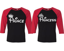 Load image into Gallery viewer, Prince and Princess matching couple baseball shirts.Couple shirts, Red Black 3/4 sleeve baseball t shirts. Couple matching shirts.
