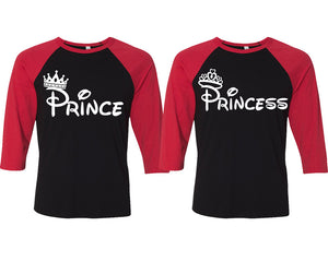 Prince and Princess matching couple baseball shirts.Couple shirts, Red Black 3/4 sleeve baseball t shirts. Couple matching shirts.
