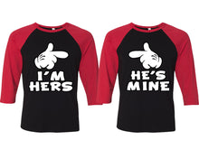 Load image into Gallery viewer, I&#39;m Hers and He&#39;s Mine matching couple baseball shirts.Couple shirts, Red Black 3/4 sleeve baseball t shirts. Couple matching shirts.
