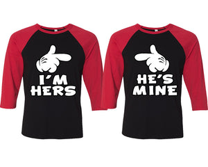I'm Hers and He's Mine matching couple baseball shirts.Couple shirts, Red Black 3/4 sleeve baseball t shirts. Couple matching shirts.
