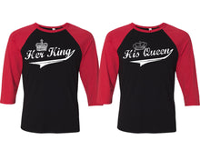 Load image into Gallery viewer, Her King and His Queen matching couple baseball shirts.Couple shirts, Red Black 3/4 sleeve baseball t shirts. Couple matching shirts.
