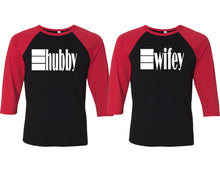 Cargar imagen en el visor de la galería, Hubby and Wifey matching couple baseball shirts.Couple shirts, Red Black 3/4 sleeve baseball t shirts. Couple matching shirts.
