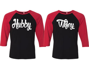 Hubby and Wifey matching couple baseball shirts.Couple shirts, Red Black 3/4 sleeve baseball t shirts. Couple matching shirts.