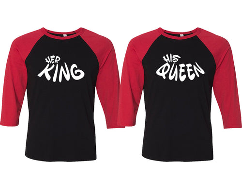 Her King and His Queen matching couple baseball shirts.Couple shirts, Red Black 3/4 sleeve baseball t shirts. Couple matching shirts.