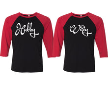 Cargar imagen en el visor de la galería, Hubby and Wifey matching couple baseball shirts.Couple shirts, Red Black 3/4 sleeve baseball t shirts. Couple matching shirts.
