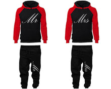 Load image into Gallery viewer, Mr and Mrs matching top and bottom set, Red Black raglan hoodie and sweatpants sets for mens, raglan hoodie and jogger set womens. Matching couple joggers.
