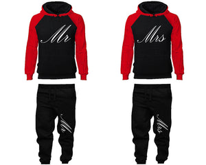 Mr and Mrs matching top and bottom set, Red Black raglan hoodie and sweatpants sets for mens, raglan hoodie and jogger set womens. Matching couple joggers.