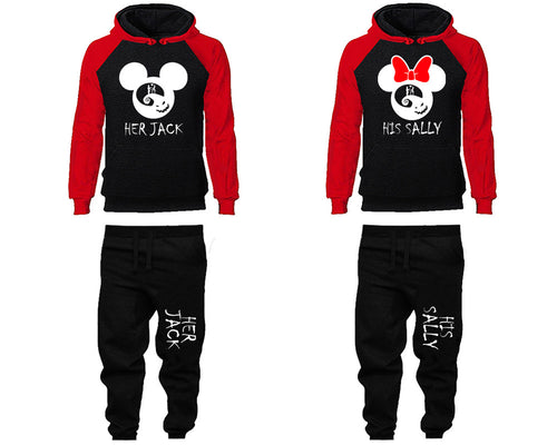 Her Jack and His Sally matching top and bottom set, Red Black raglan hoodie and sweatpants sets for mens, raglan hoodie and jogger set womens. Matching couple joggers.