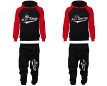 Load image into Gallery viewer, Her King His Queen matching top and bottom set, Red Black raglan hoodie and sweatpants sets for mens, raglan hoodie and jogger set womens. Matching couple joggers.
