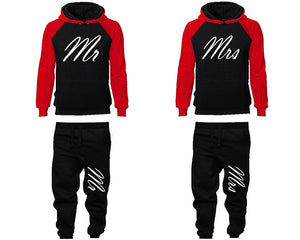Mr and Mrs matching top and bottom set, Red Black raglan hoodie and sweatpants sets for mens, raglan hoodie and jogger set womens. Matching couple joggers.