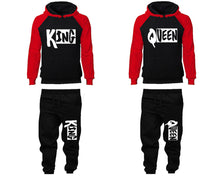 Charger l&#39;image dans la galerie, King and Queen matching top and bottom set, Red Black raglan hoodie and sweatpants sets for mens, raglan hoodie and jogger set womens. Matching couple joggers.
