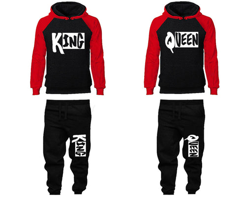 King and Queen matching top and bottom set, Red Black raglan hoodie and sweatpants sets for mens, raglan hoodie and jogger set womens. Matching couple joggers.