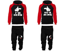 Load image into Gallery viewer, I&#39;m Hers He&#39;s Mine matching top and bottom set, Red Black raglan hoodie and sweatpants sets for mens, raglan hoodie and jogger set womens. Matching couple joggers.
