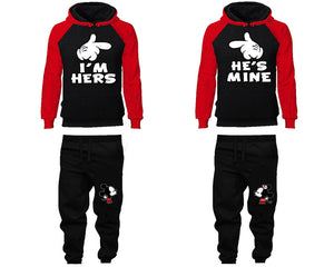 I'm Hers He's Mine matching top and bottom set, Red Black raglan hoodie and sweatpants sets for mens, raglan hoodie and jogger set womens. Matching couple joggers.