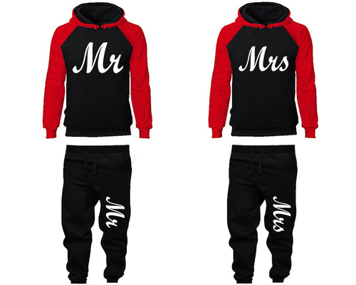 Mr and Mrs matching top and bottom set, Red Black raglan hoodie and sweatpants sets for mens, raglan hoodie and jogger set womens. Matching couple joggers.