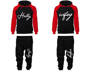 Hubby Wifey matching top and bottom set, Red Black raglan hoodie and sweatpants sets for mens, raglan hoodie and jogger set womens. Matching couple joggers.