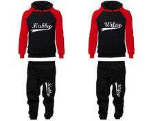 Load image into Gallery viewer, Hubby Wifey matching top and bottom set, Red Black raglan hoodie and sweatpants sets for mens, raglan hoodie and jogger set womens. Matching couple joggers.
