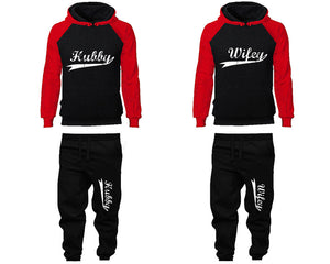 Hubby Wifey matching top and bottom set, Red Black raglan hoodie and sweatpants sets for mens, raglan hoodie and jogger set womens. Matching couple joggers.