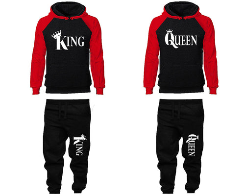 King and Queen matching top and bottom set, Red Black raglan hoodie and sweatpants sets for mens, raglan hoodie and jogger set womens. Matching couple joggers.