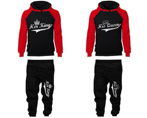 Her King His Queen matching top and bottom set, Red Black raglan hoodie and sweatpants sets for mens, raglan hoodie and jogger set womens. Matching couple joggers.