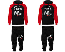 Load image into Gallery viewer, She&#39;s Mine He&#39;s Mine matching top and bottom set, Red Black raglan hoodie and sweatpants sets for mens, raglan hoodie and jogger set womens. Matching couple joggers.
