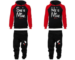 She's Mine He's Mine matching top and bottom set, Red Black raglan hoodie and sweatpants sets for mens, raglan hoodie and jogger set womens. Matching couple joggers.