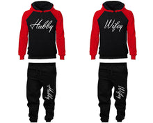 Load image into Gallery viewer, Hubby and Wifey matching top and bottom set, Red Black raglan hoodie and sweatpants sets for mens, raglan hoodie and jogger set womens. Matching couple joggers.

