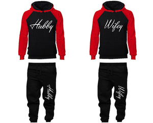 Hubby and Wifey matching top and bottom set, Red Black raglan hoodie and sweatpants sets for mens, raglan hoodie and jogger set womens. Matching couple joggers.