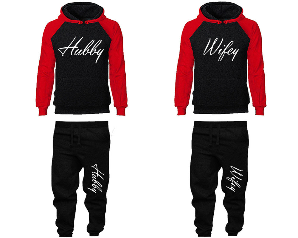 Hubby and Wifey matching top and bottom set, Red Black raglan hoodie and sweatpants sets for mens, raglan hoodie and jogger set womens. Matching couple joggers.