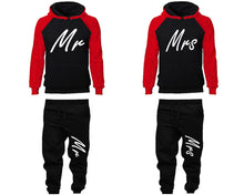 Charger l&#39;image dans la galerie, Mr and Mrs matching top and bottom set, Red Black raglan hoodie and sweatpants sets for mens, raglan hoodie and jogger set womens. Matching couple joggers.
