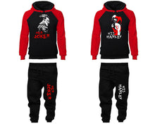 Load image into Gallery viewer, Her Joker and His Harley matching top and bottom set, Red Black raglan hoodie and sweatpants sets for mens, raglan hoodie and jogger set womens. Matching couple joggers.
