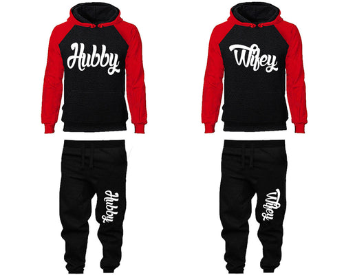 Hubby and Wifey matching top and bottom set, Red Black raglan hoodie and sweatpants sets for mens, raglan hoodie and jogger set womens. Matching couple joggers.