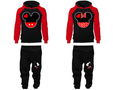 Load image into Gallery viewer, Mickey Minnie matching top and bottom set, Red Black raglan hoodie and sweatpants sets for mens, raglan hoodie and jogger set womens. Matching couple joggers.
