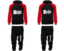 Load image into Gallery viewer, Hubby and Wifey matching top and bottom set, Red Black raglan hoodie and sweatpants sets for mens, raglan hoodie and jogger set womens. Matching couple joggers.
