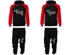 Load image into Gallery viewer, Her King and His Queen matching top and bottom set, Red Black raglan hoodie and sweatpants sets for mens, raglan hoodie and jogger set womens. Matching couple joggers.
