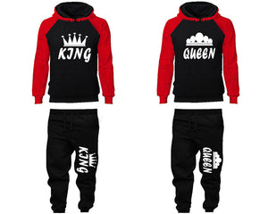 King and Queen matching top and bottom set, Red Black raglan hoodie and sweatpants sets for mens, raglan hoodie and jogger set womens. Matching couple joggers.