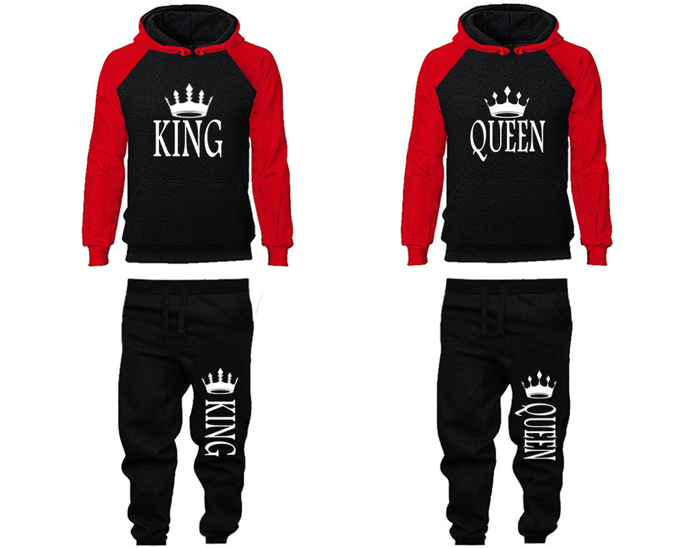 King and Queen matching top and bottom set, Red Black raglan hoodie and sweatpants sets for mens, raglan hoodie and jogger set womens. Matching couple joggers.
