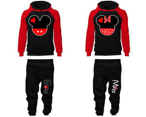 Mickey Minnie matching top and bottom set, Red Black raglan hoodie and sweatpants sets for mens, raglan hoodie and jogger set womens. Matching couple joggers.