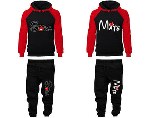 Soul Mate matching top and bottom set, Red Black raglan hoodie and sweatpants sets for mens, raglan hoodie and jogger set womens. Matching couple joggers.