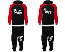 Charger l&#39;image dans la galerie, Hubby and Wifey matching top and bottom set, Red Black raglan hoodie and sweatpants sets for mens, raglan hoodie and jogger set womens. Matching couple joggers.
