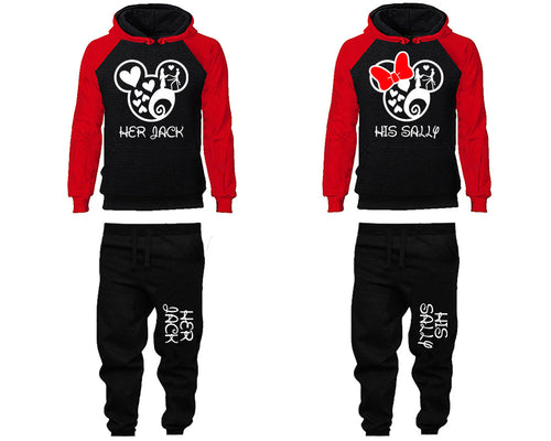 Her Jack and His Sally matching top and bottom set, Red Black raglan hoodie and sweatpants sets for mens, raglan hoodie and jogger set womens. Matching couple joggers.