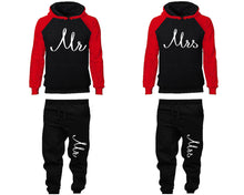 Load image into Gallery viewer, Mr and Mrs matching top and bottom set, Red Black raglan hoodie and sweatpants sets for mens, raglan hoodie and jogger set womens. Matching couple joggers.
